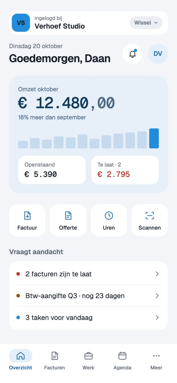 Overzichtsscherm van de Boxxpro-app met omzet, openstaande facturen en taken